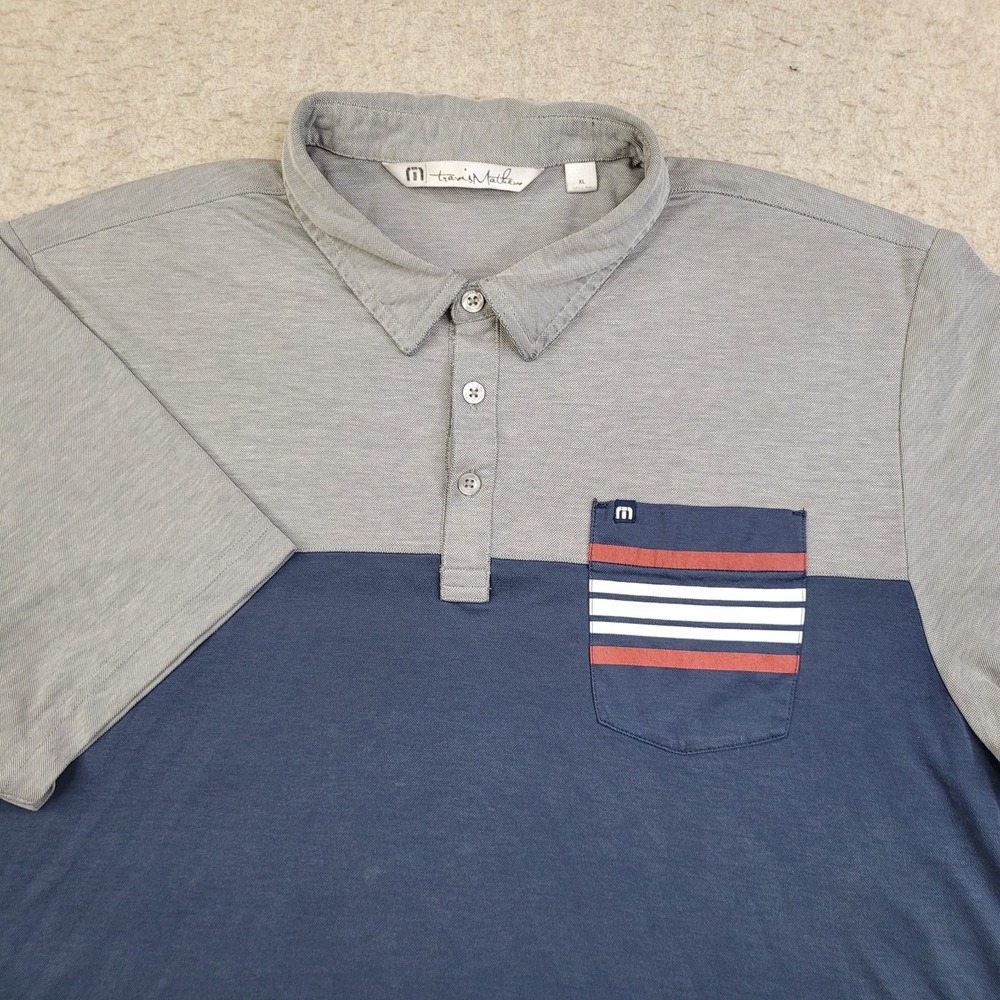 Travis Mathew Polo Shirt Mens XL Blue Gray Colorblock Short Sleeve‎ Pocket Golf